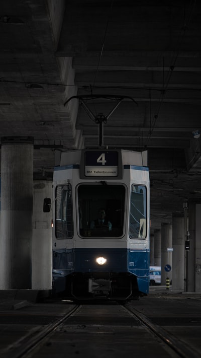 The white and blue train station
